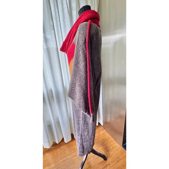 Vintage 80s sweater dress, taupe, red yellow geometric shapes, rolled cowl neck - Picture 6 of 10